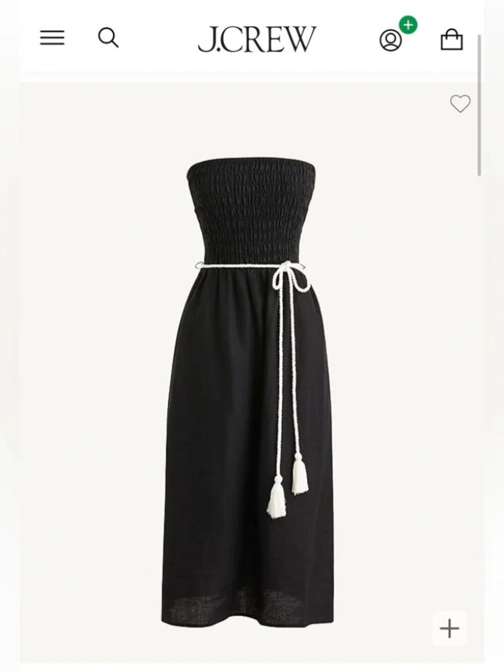 J.Crew Black Strapless Smocked Linen Midi Dress Tassel Rope Belt Size M